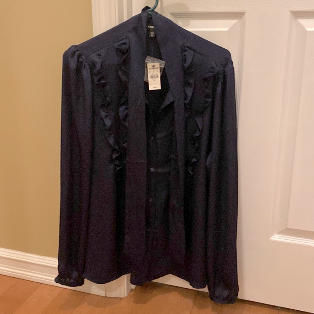Satin Ruffle Front Tie Neck Shirt